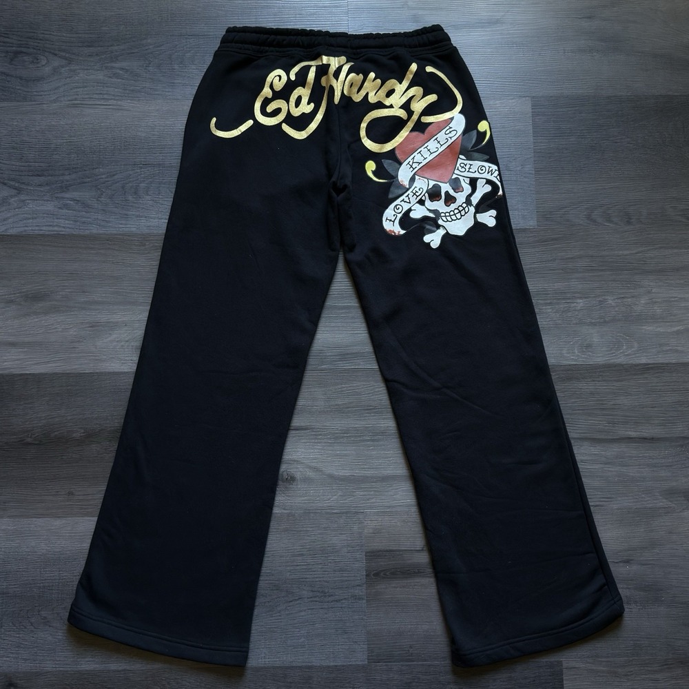 Ed Hardy Flare Sweatpants Size M Black Fleece Y2K Wide Leg Love Kills Slowly